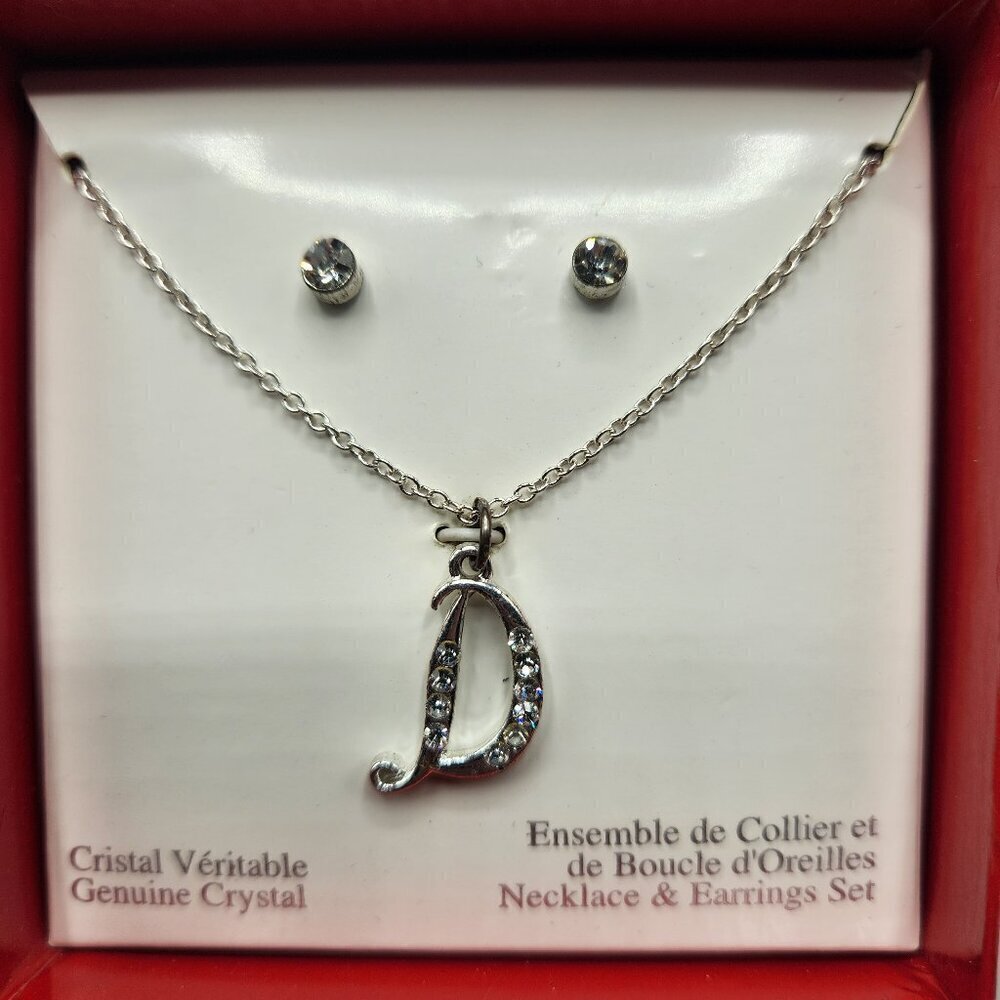 Genuine Crystal Letter D Pendant w/ Stud Earrings